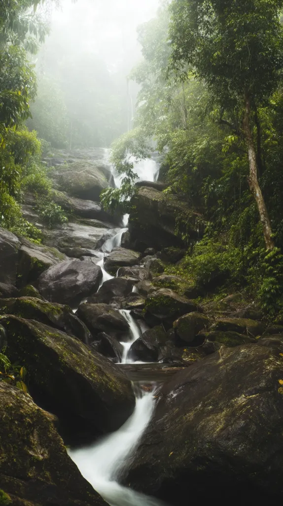 A misty waterfall cascades down moss-covered rocks in a lush, green rainforest.  The water flows smoothly over the dark stones, creating a serene and ethereal atmosphere.  Thick foliage surrounds the waterfall, shrouding the scene in a soft, hazy light. The overall mood is tranquil and peaceful, highlighting the beauty of the untouched natural environment.