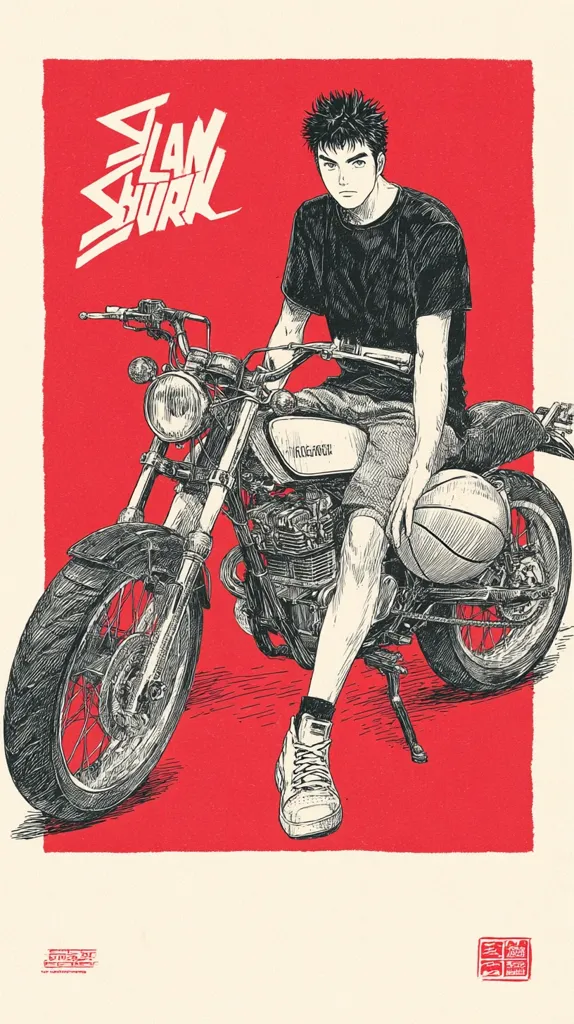 A stylized illustration depicts a young man with spiky hair sitting on a vintage motorcycle.  He's dressed in a simple t-shirt and shorts, holding a basketball. The backdrop is a vibrant red, contrasting with the black-and-white artwork.  The title "SLAM SHUNK" is boldly displayed, suggesting a connection to basketball or sports culture. The overall style is reminiscent of manga or graphic novel art.