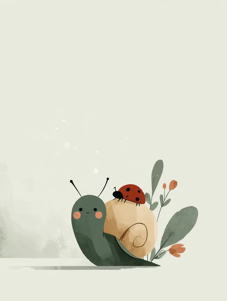 A charming illustration depicts a friendly snail with a ladybug perched on its shell.  The snail is green and has rosy cheeks, while the ladybug is classic red with black spots.  Delicate, muted green and orange flowers sprout nearby, adding to the gentle, whimsical scene on a light beige background. The overall style is simple and sweet.