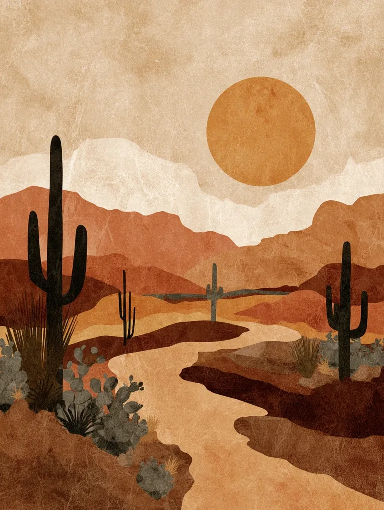 A stylized desert landscape features a meandering river flowing through earthy-toned hills.  Tall cacti stand prominently against a large, warm-colored sun.  The muted palette and textured background create a serene, minimalist aesthetic evocative of the American Southwest.  Small desert plants dot the foreground, enhancing the sense of a tranquil, sun-drenched environment.