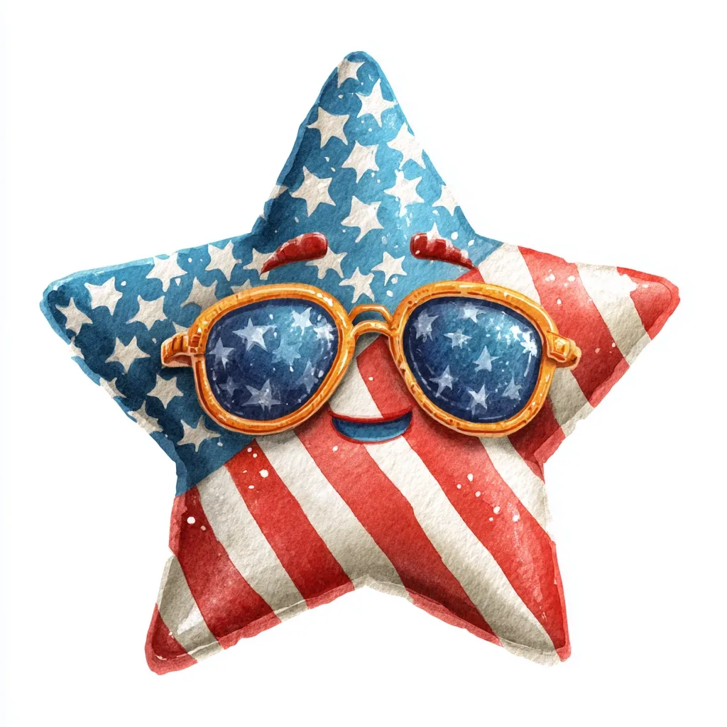 A cheerful watercolor illustration of a five-pointed star designed with the American flag's colors and pattern.  The star sports a pair of stylish sunglasses and a friendly smile, creating a cute and patriotic image perfect for Independence Day celebrations or other celebratory contexts. The style is whimsical and charming.