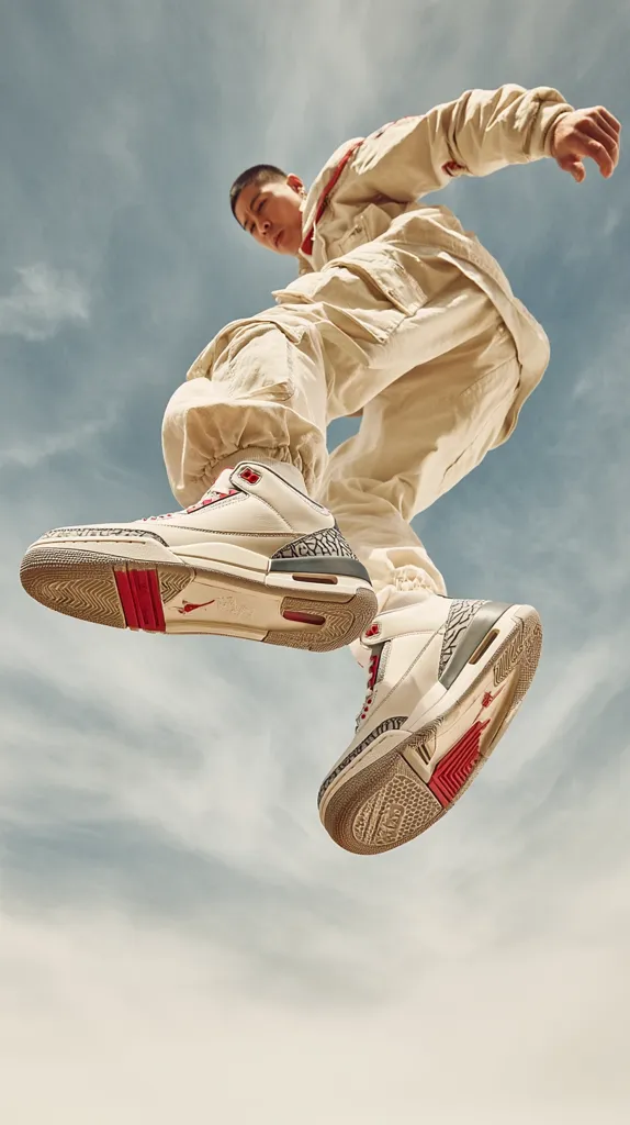 A low-angle shot captures a person wearing beige cargo pants and a matching jacket, leaping against a cloudy sky.  Their Air Jordan 3 sneakers, in a cream color with red accents and gray detailing, are prominently displayed in mid-air. The image's perspective emphasizes the height of the jump and the style of the footwear. The overall mood is energetic and fashionable.
