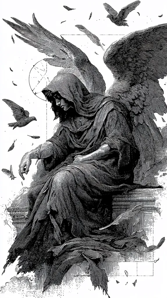 A melancholic angel, cloaked and hooded, sits upon a throne.  Large, tattered wings extend behind, while numerous small birds, possibly crows or ravens, scatter around the figure. The style is reminiscent of a dark, Victorian-era engraving, emphasizing texture and detail. The angel's posture and the surrounding birds evoke a sense of sorrow and loss. The image is primarily black and white, with a high contrast between light and shadow.