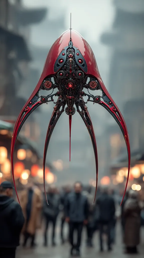 A futuristic, crimson-red drone hovers above a bustling city street.  Its intricate, black mechanical details contrast with its sleek, polished body.  Long, slender legs extend downwards, and red lights glow from within its complex structure. The drone appears technologically advanced, a striking image against the blurry background of pedestrians and buildings. The overall mood is one of technological marvel within an urban setting.
