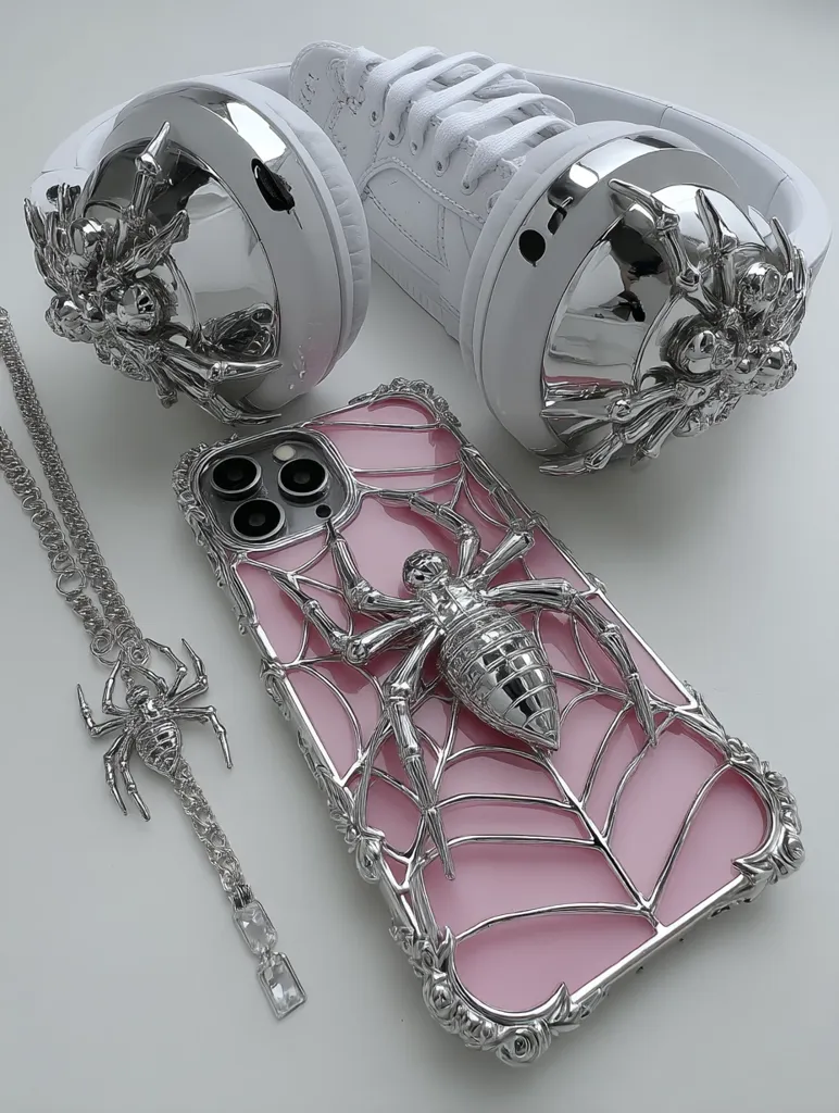 A stylish flatlay showcases a pink iPhone case adorned with a silver spider and web design.  Matching silver spider accents decorate a pair of white headphones, while a delicate silver spider pendant hangs from a chain.  White sneakers peek out from behind, completing the cohesive, dark-glam aesthetic.  The image emphasizes luxury and edgy design elements.