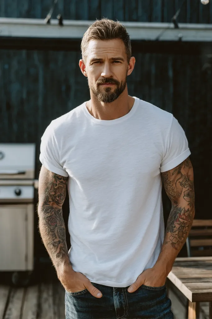 A tattooed man with short, styled brown hair and a beard stands outdoors. He's wearing a plain white t-shirt and jeans, hands casually in his pockets.  The background features a dark wooden wall and a partially visible outdoor grill.  He has a serious, contemplative expression. The overall scene is relaxed and casual.