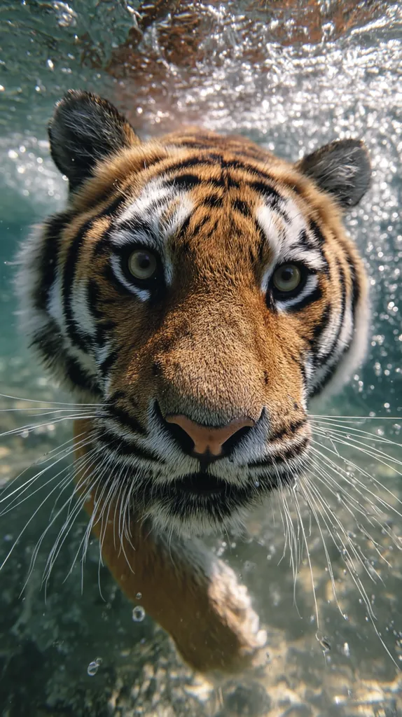 A close-up underwater shot of a tiger's face.  The tiger's eyes are focused, and its whiskers are visible in the water.  Bubbles surround the tiger, suggesting movement. The image is sharp and detailed, capturing the tiger's intense gaze and the texture of its fur. The overall effect is striking and somewhat surreal.