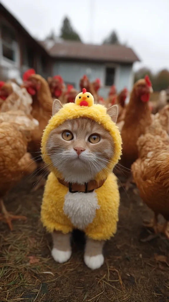 An orange tabby cat, wearing a fluffy yellow chick costume complete with a tiny chick on its head, stands amidst a flock of chickens. The cat's expression is calm and curious, contrasting with the busy background of feathered fowl.  The scene is outdoors, with a rustic building visible in the distance. The overall impression is one of playful juxtaposition and unexpected companionship.