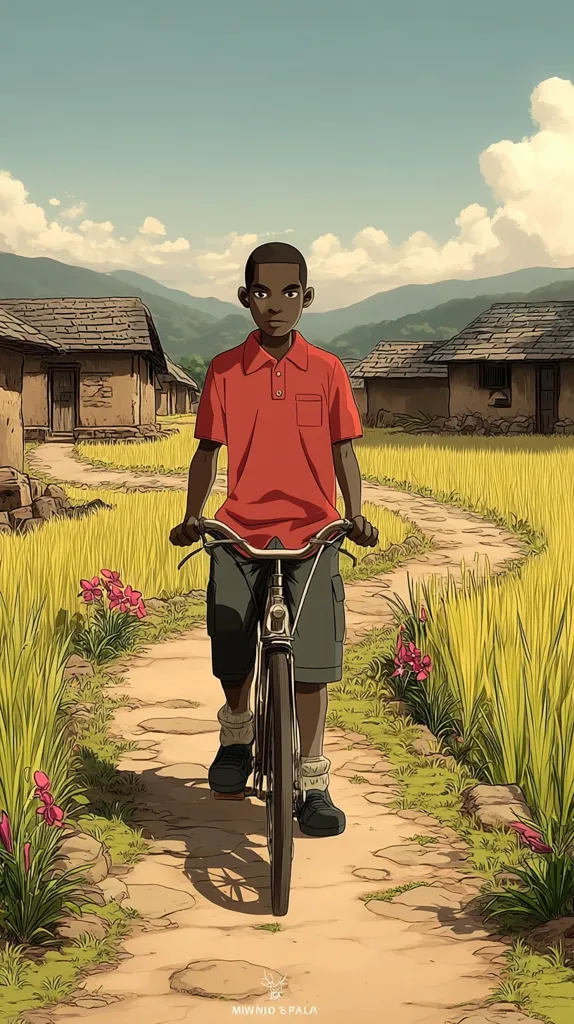 A young Black boy rides a bicycle down a dirt path in a rural village.  He wears a red polo shirt and cargo shorts.  The path winds through fields of tall, golden grass, past simple houses with thatched roofs. Mountains are visible in the background under a partly cloudy sky.  The scene is peaceful and evokes a sense of quiet contemplation.