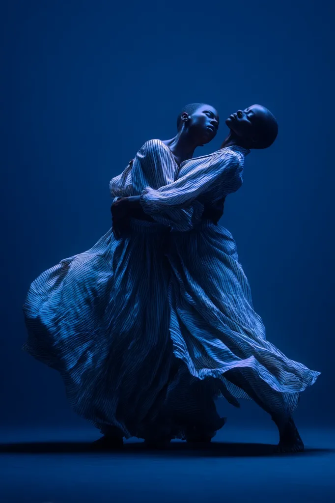 Two Black women in flowing, striped dresses are captured in a dynamic embrace against a deep blue backdrop.  The flowing fabric and their intertwined bodies create a sense of movement and fluidity. The dramatic lighting enhances the image's artistic composition, focusing attention on their graceful pose. The overall mood is one of elegance and intimacy.