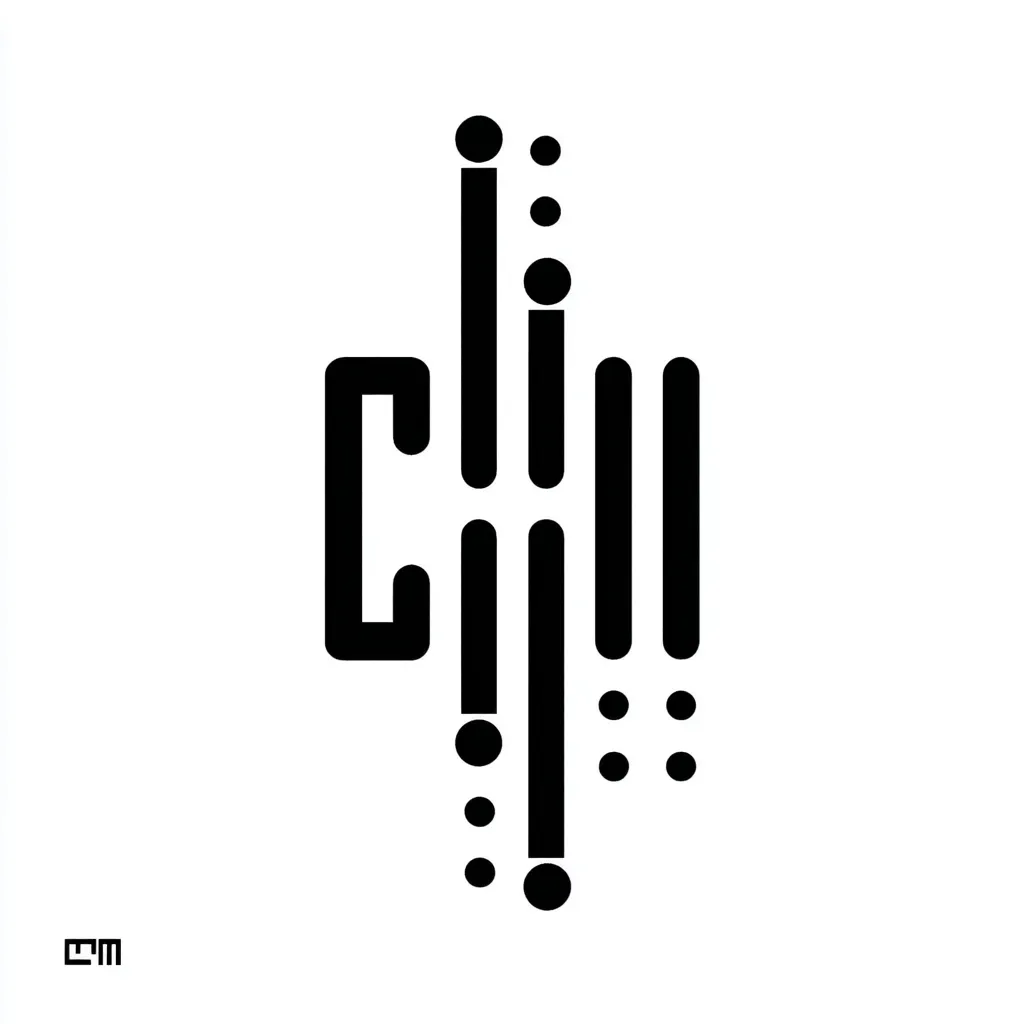 The image is a minimalist logo or design element.  It features a stylized letter "C" alongside several vertical lines of varying lengths, punctuated by small circles. The overall aesthetic is geometric and abstract, suggesting movement or data flow. The black-and-white color scheme provides a stark contrast against the white background. The design is simple yet striking, potentially suitable for a technology company or a brand seeking a modern and clean image.