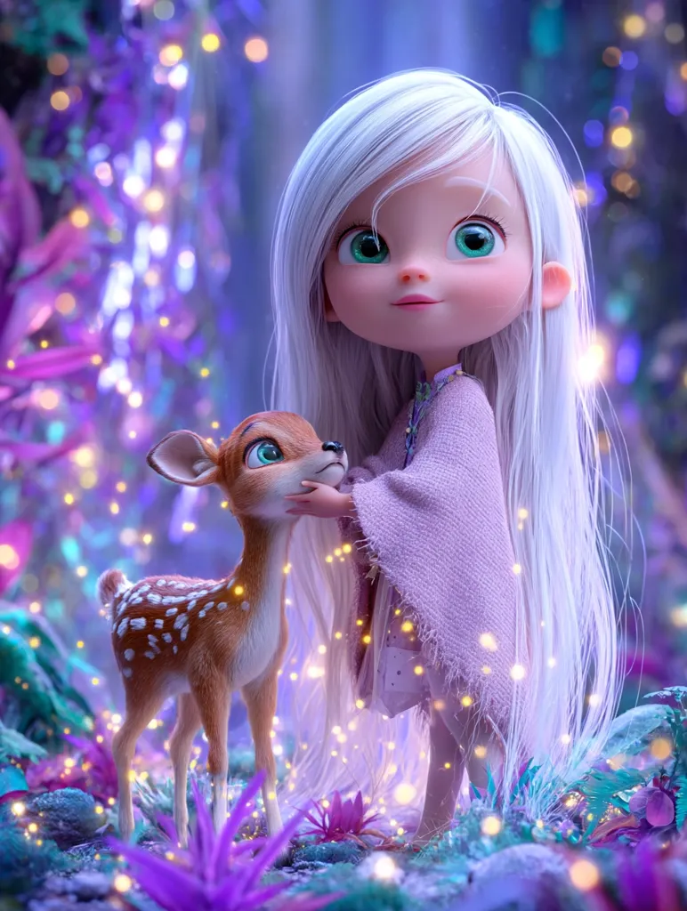 A digital rendering depicts a charming girl with long, white hair and large green eyes. She's dressed in a pale pink cloak and gently cradles a small, spotted fawn.  Magical, glowing particles surround them in a whimsical forest setting, creating a dreamy and enchanting scene. The style is reminiscent of a 3D animated film, conveying a sense of innocence and wonder.