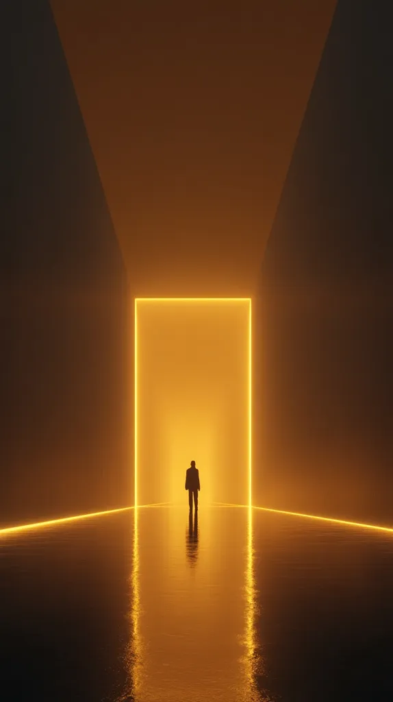 A lone figure stands silhouetted in a dimly lit corridor, facing a bright, rectangular doorway glowing with warm, amber light.  The walls converge towards the luminous portal, creating a dramatic, almost ethereal atmosphere.  The floor reflects the radiant glow, enhancing the sense of mystery and potential. The overall image evokes a feeling of anticipation and transition.