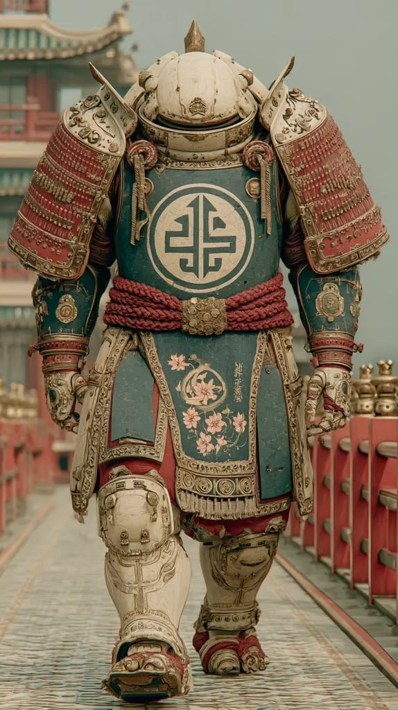 A majestic, mechanized samurai walks along a pathway.  Its ornate armor, a blend of traditional Japanese design and futuristic technology, is predominantly teal and off-white, accented with rich red and gold.  The helmet is dome-shaped, and the armor features intricate carvings and floral details.  The backdrop is a traditional Asian architectural setting, enhancing the striking contrast between old and new.
