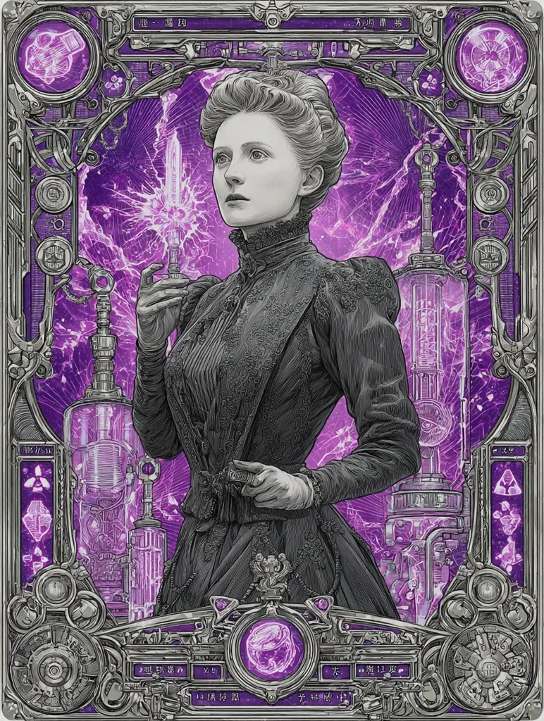 A stylized illustration depicts a woman in late 19th-century attire, holding a glowing purple device.  She is centrally positioned within an ornate, Art Nouveau-esque frame filled with intricate steampunk-inspired machinery and glowing purple energy. The overall aesthetic is dark, elegant, and suggestive of science fiction or fantasy. The image's color palette is primarily shades of grey and purple, creating a dramatic contrast.  Chinese text is visible in the frame's borders and bottom.