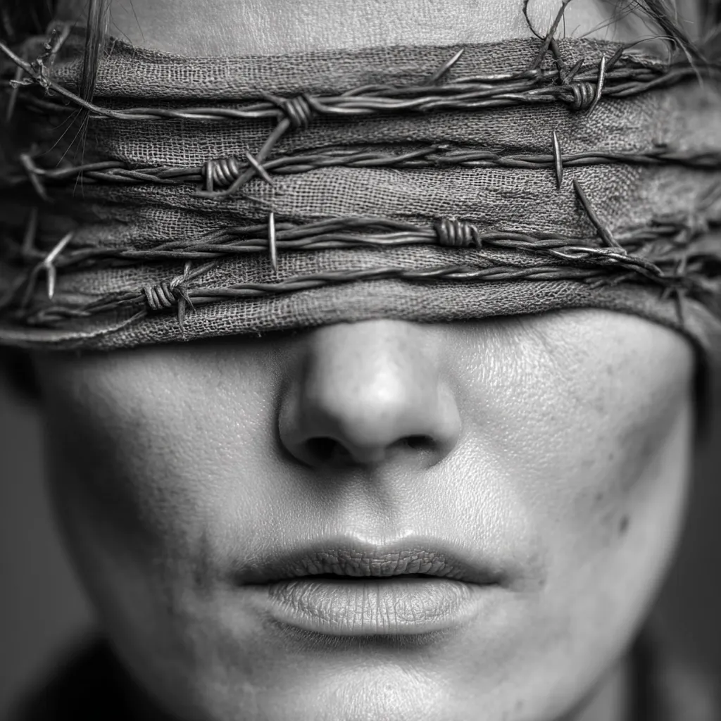A close-up black and white photograph depicts a woman's face, her eyes obscured by a cloth blindfold interwoven with barbed wire.  The image is stark and evocative, suggesting themes of confinement, oppression, or a loss of sight or awareness. The woman's expression is serene despite the harshness of the imagery.  The texture of the fabric and wire is prominent, adding to the overall feeling of confinement.