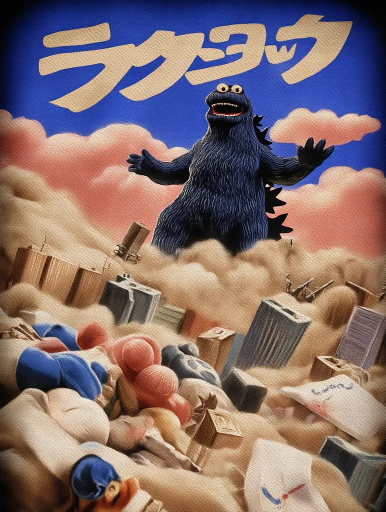 Cookie Monster, rendered in the style of a classic kaiju film poster, looms over a city engulfed in sand.  The Japanese title "ランショウ" (possibly a phonetic rendering) is prominently displayed.  The monster's menacing stance and the buried city evoke a sense of impending destruction, creating a humorous yet unsettling juxtaposition of children's character and apocalyptic imagery.  The style is reminiscent of vintage movie posters, with a textured, slightly faded look.