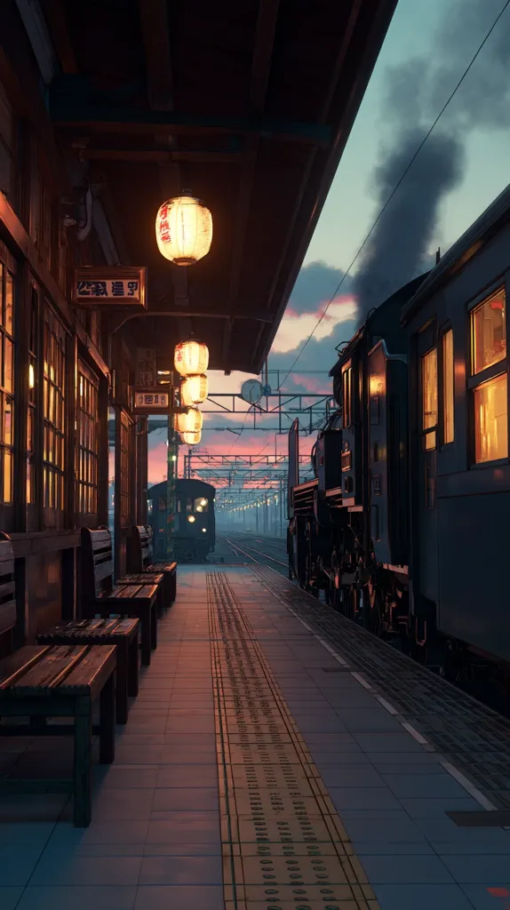 A serene evening scene at a rustic Japanese train station.  Warm-toned lanterns illuminate the platform, where wooden benches sit awaiting passengers. A steam train, emitting smoke, arrives at the station under a twilight sky.  The overall atmosphere is peaceful and nostalgic, evoking a sense of quiet contemplation. The image's composition and lighting create a visually appealing and calming mood.