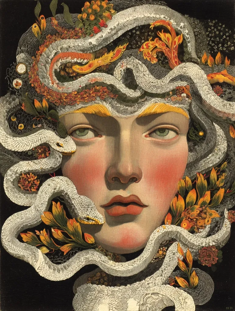 A stylized portrait of a woman's face, adorned with intricately detailed white snakes forming a crown-like halo.  Vibrant orange and red flowers and foliage intertwine with the snakes, creating a rich, almost baroque aesthetic. The woman's expression is serene yet powerful, her face painted with a soft, rosy glow. The overall style is reminiscent of botanical illustration and classical mythology, evoking a sense of mystery and beauty.