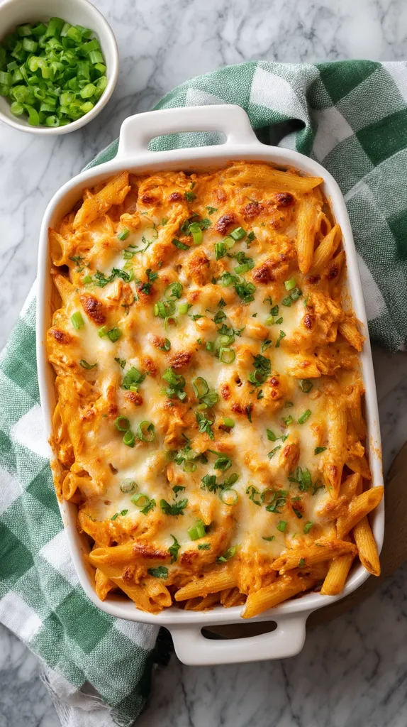 A white baking dish filled with creamy, cheesy buffalo chicken pasta bake sits atop a green and white checkered cloth.  The pasta is topped with melted mozzarella and freshly chopped green onions.  A small bowl of additional green onions is visible in the background. The dish is presented on a marble surface.
