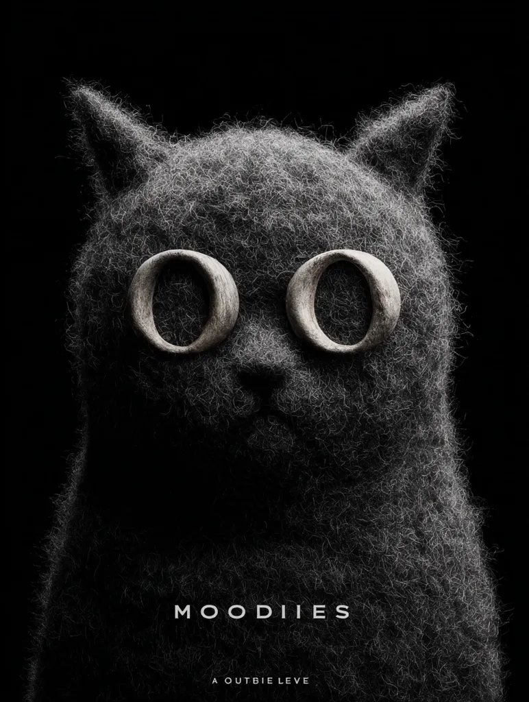 A moody black and white image depicts a felted cat-like creature.  Large, circular wooden eyes are prominent against the dark, textured fur.  The words "MOODIES" are displayed beneath, followed by "A OUTBIE LEVE" in smaller text, suggesting a title or artist credit. The overall aesthetic is dark, mysterious, and slightly whimsical.