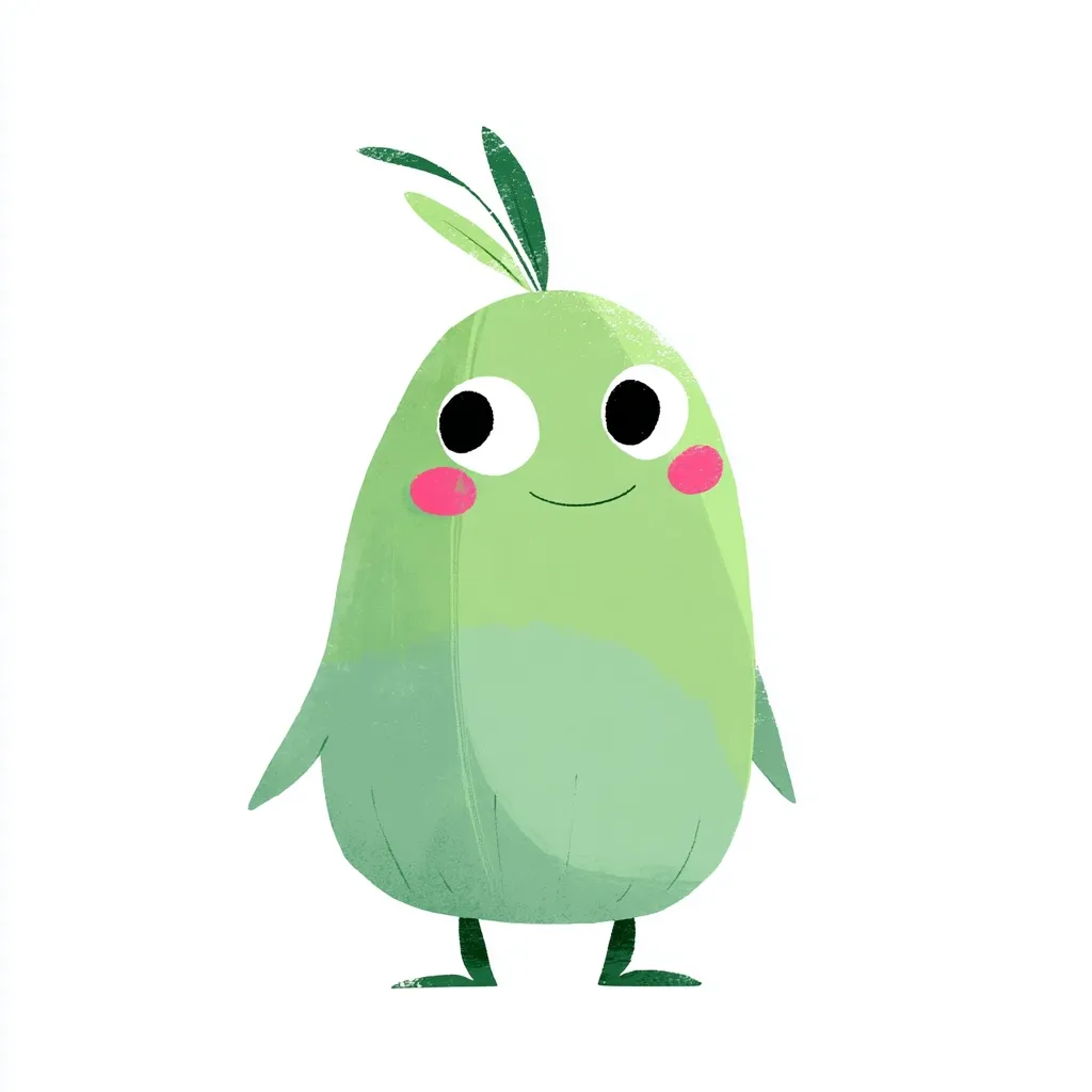 A charming cartoon creature, resembling a pear-shaped bird, is depicted.  Its light green body is textured, with darker shading suggesting depth.  Large, expressive eyes, small pink cheeks, and a slight smile contribute to its friendly demeanor. Two tiny leaves sprout from its head.  The creature stands on stubby legs, adding to its whimsical nature.
