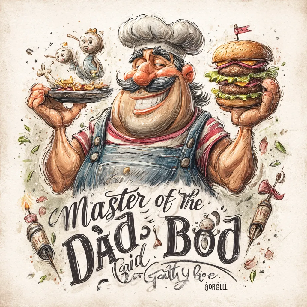 A jovial cartoon chef, sporting a large mustache and chef's hat, proudly presents a platter of food and a juicy double burger.  The style is whimsical and textured, reminiscent of a hand-drawn illustration.  Text proclaims him "Master of the Dad Bod," adding a humorous element to the scene.  Small, quirky characters add to the playful atmosphere. The overall tone is lighthearted and fun.