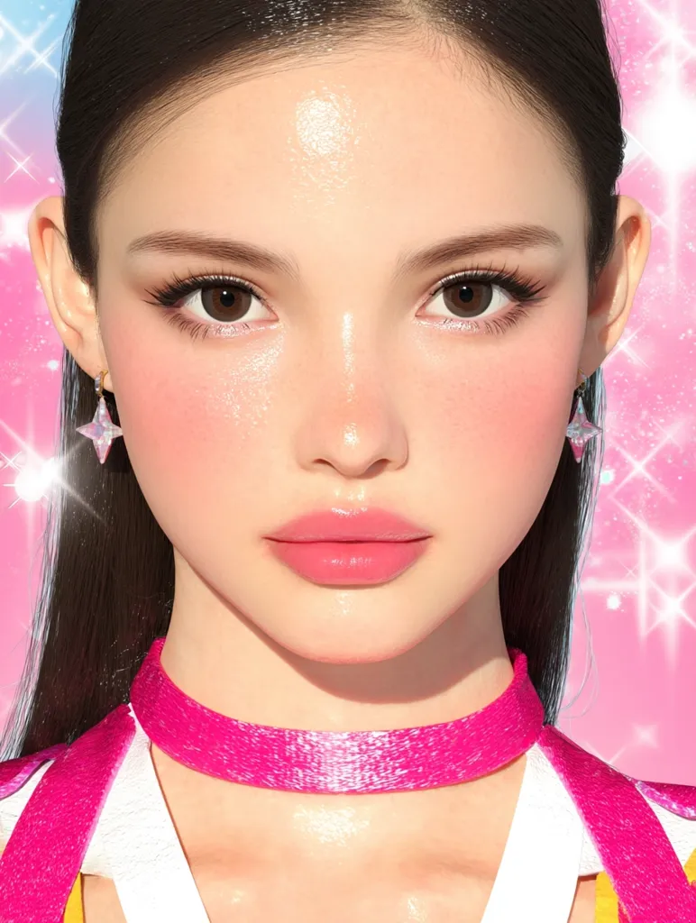 A digitally rendered, hyper-realistic portrait of a young woman gazes directly at the viewer. Her dark hair is neatly styled back, accentuating her symmetrical face. Large, expressive brown eyes are framed by long lashes. Her makeup features a light pink blush and glossy pink lips. She wears star-shaped earrings and a bright pink choker. The background is a gradient of light blue and pink, adorned with sparkling light flares that add a whimsical, ethereal quality to the image.