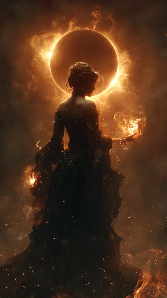 A woman in a dark, flowing gown stands before a fiery, ring-shaped celestial body.  Embers and sparks surround her, and she holds a small ball of fire in one hand. The scene is dark and dramatic, suggestive of magic or supernatural power. The woman's back is to the viewer, her posture regal and mysterious.  The overall effect is one of intense power and otherworldly beauty.