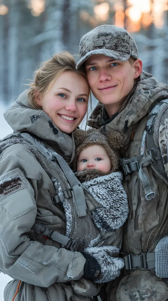 A young couple bundled in winter gear smiles warmly, holding their infant child in a baby carrier.  The parents are dressed in camouflage and heavy coats, covered in a light dusting of snow. The baby is snuggled in a fuzzy hooded garment, also showing signs of frost. The family portrait conveys a sense of warmth and togetherness amidst a snowy, wintry backdrop.