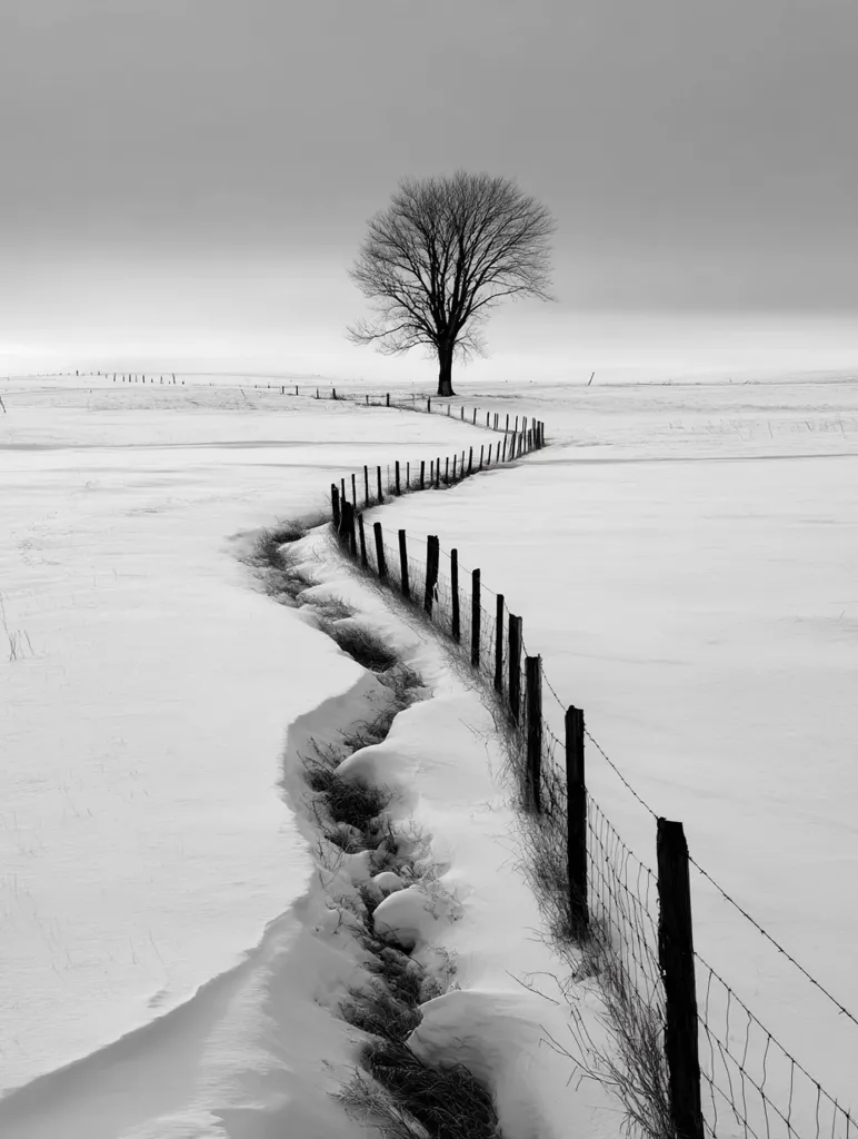 A solitary tree stands in a snow-covered field, its silhouette stark against a gray sky.  A wire fence winds through the deep snow, following a meandering path towards the tree.  The monochrome palette emphasizes the stillness and isolation of the winter landscape, creating a serene yet somewhat melancholic mood. The scene is peaceful and evokes a sense of quiet contemplation.