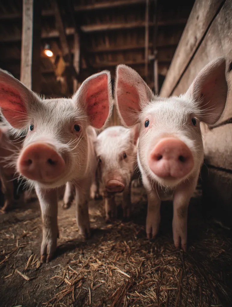 Three piglets stand in a rustic barn, their pink snouts and ears prominent in the foreground.  The pigs are light-colored with soft fur, looking directly at the camera.  The barn's wooden walls and straw-covered floor provide a contrasting backdrop to the animals' gentle expressions.  The scene is intimate and captures the animals' curious nature.