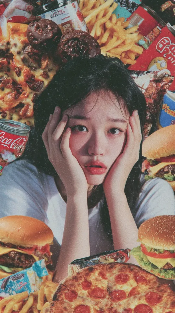 A young woman with dark hair holds her face in her hands, surrounded by a collage of junk food.  Burgers, pizza, french fries, Coca-Cola, and various snack packages create a vibrant, chaotic scene.  The image has a vintage, slightly grainy aesthetic, suggesting a nostalgic or playful theme related to food and indulgence. The overall mood is whimsical and slightly overwhelmed.