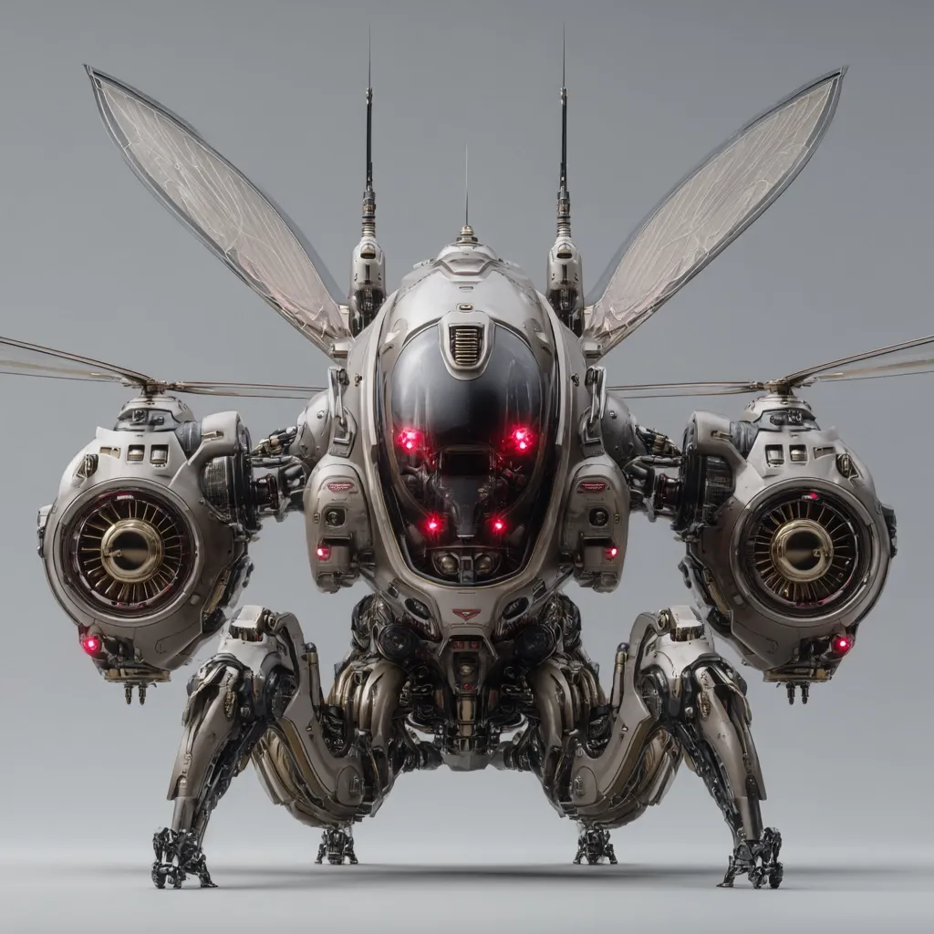 A futuristic, insectoid vehicle is depicted, featuring large, translucent wings and a central cockpit with glowing red lights.  Its body is predominantly off-white, with intricate mechanical details and spindly legs.  Two powerful-looking engines are situated on either side, suggesting both flight and ground capabilities. The overall design blends organic and mechanical elements, creating a striking visual.
