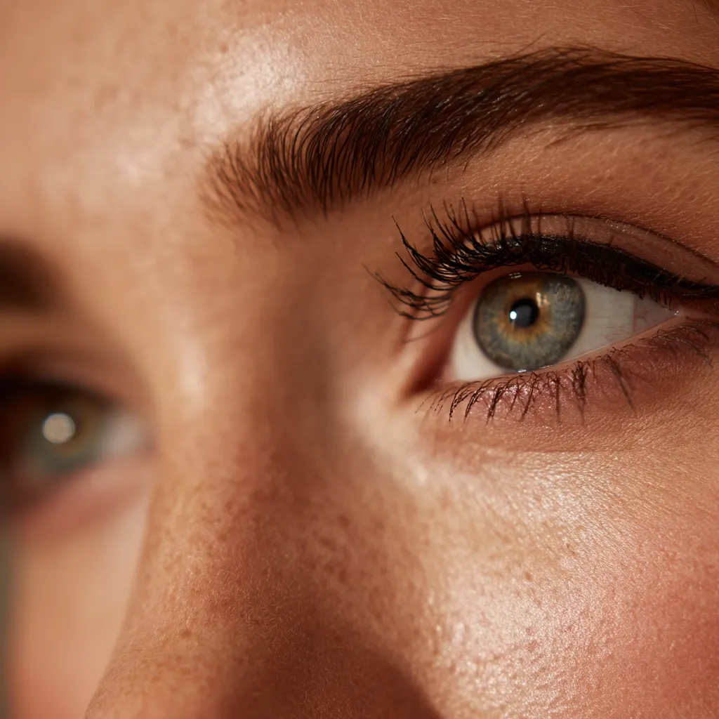 A close-up shot focuses on a woman's eye, showcasing its captivating details.  The image highlights her meticulously groomed eyebrow, long dark lashes, and striking green-grey iris.  Her skin displays subtle freckles and a healthy glow. The soft lighting emphasizes the textures and subtle beauty marks of her face.  The overall effect is one of natural beauty and elegance.