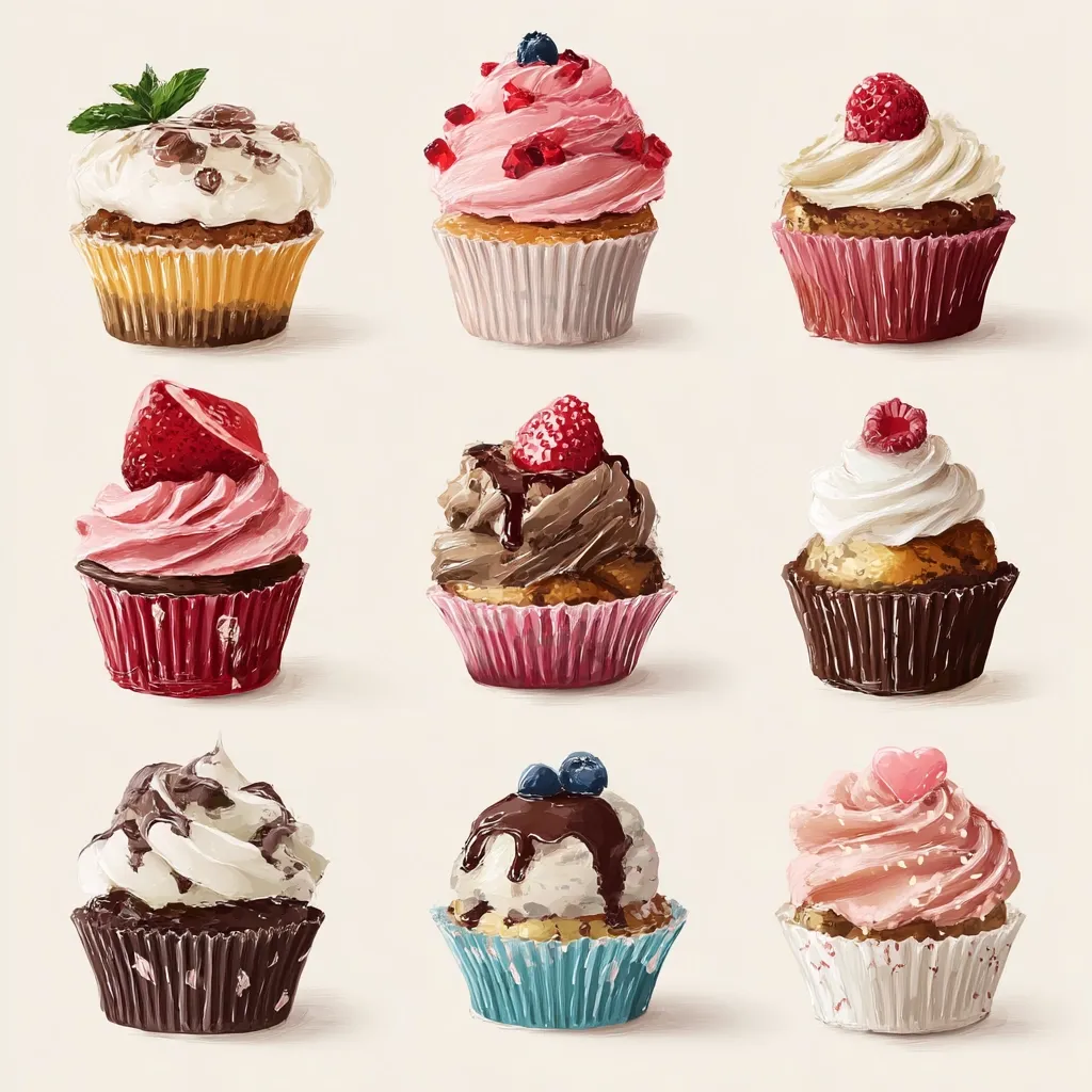 Nine delectable cupcakes are artfully arranged in a grid. Each cupcake boasts a unique frosting and topping combination, ranging from classic vanilla and chocolate to vibrant berry and cream cheese swirls.  The artistic style resembles a painted texture, showcasing the creamy frosting and delicate cupcake liners in a visually appealing manner.