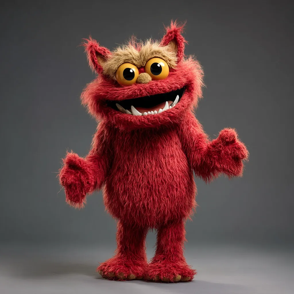 A vibrant red furry monster puppet stands against a gray backdrop.  Its large, expressive eyes and wide, toothy grin convey a cheerful disposition. The puppet has shaggy fur and slightly pointed ears, adding to its whimsical and friendly appearance.  Its pose suggests a welcoming attitude, arms slightly outstretched.