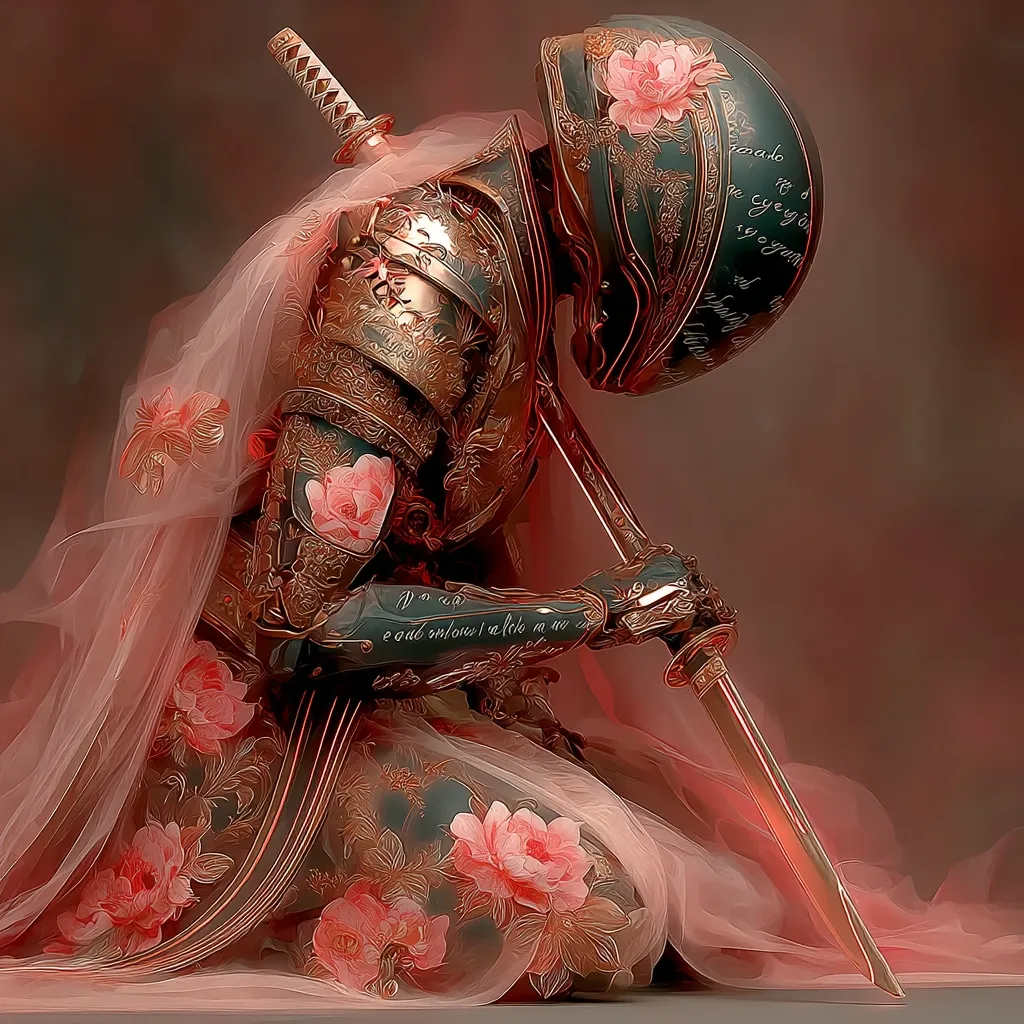 A figure in ornate, floral-adorned armor kneels, head bowed, a katana resting across their lap.  The armor is intricately detailed, a blend of metallic hues and delicate blossoms.  A sheer, peach-colored veil drapes around the figure, adding a contrast to the warrior's pose. The overall aesthetic is one of somber beauty and delicate strength.  Script is visible on the armor.