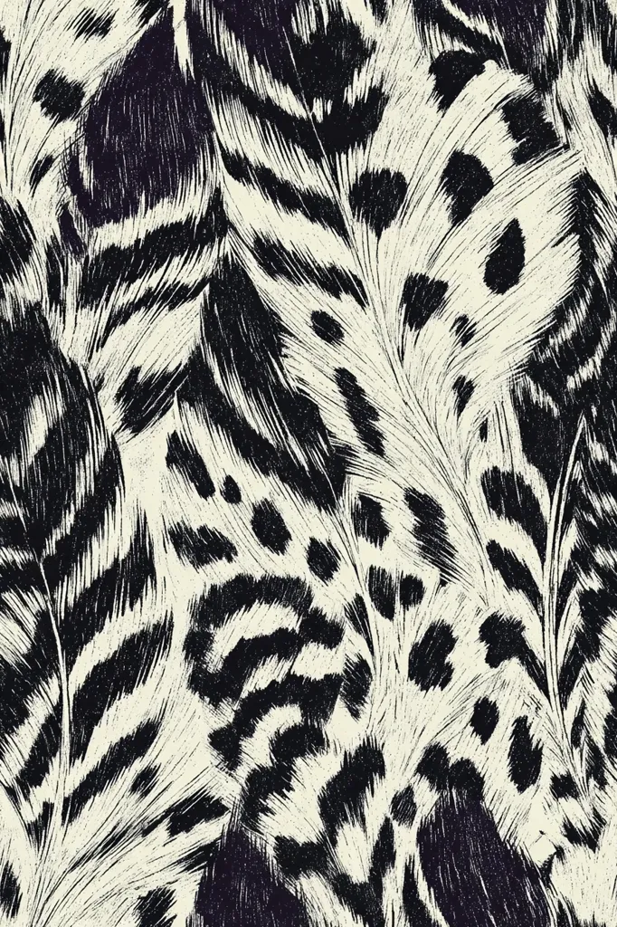 The image shows a seamless pattern of stylized feathers.  The design is in black and white, with the feathers rendered in a textured, almost etched style.  The pattern creates a bold, graphic effect, resembling both feathers and animal print.  The contrast between light and dark is striking, giving the overall impression of movement and dynamism.