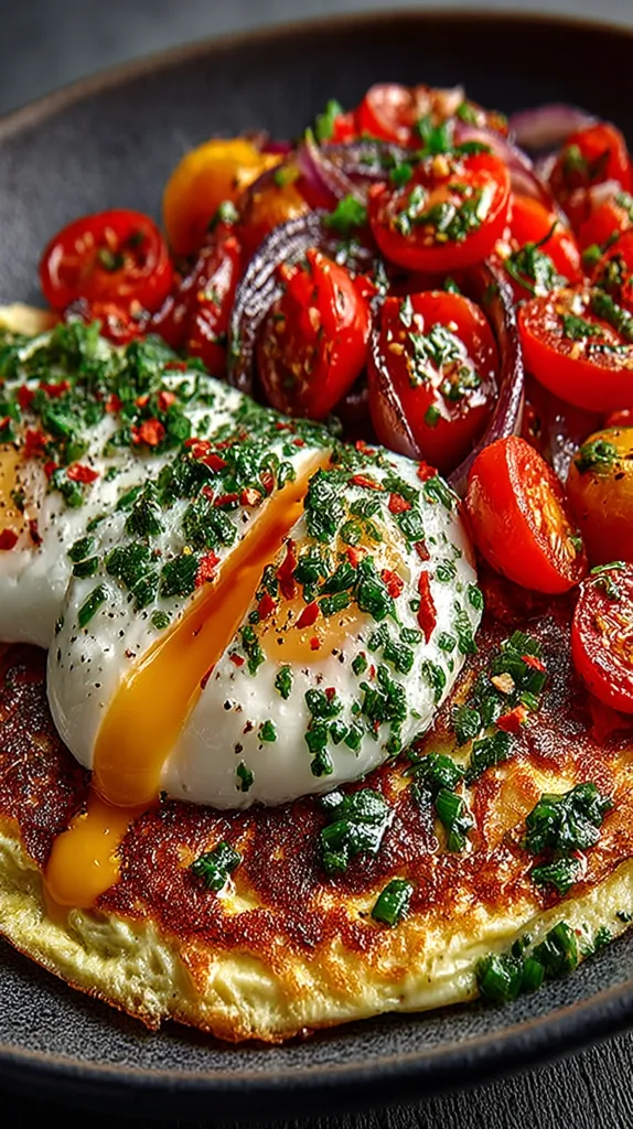 A delicious-looking dish features perfectly poached eggs atop a golden-brown, crispy-edged omelet.  The eggs are generously sprinkled with fresh herbs and a hint of red pepper.  A vibrant salad of roasted cherry tomatoes and red onions, also seasoned with herbs, completes the dish, presented on a dark-colored plate.