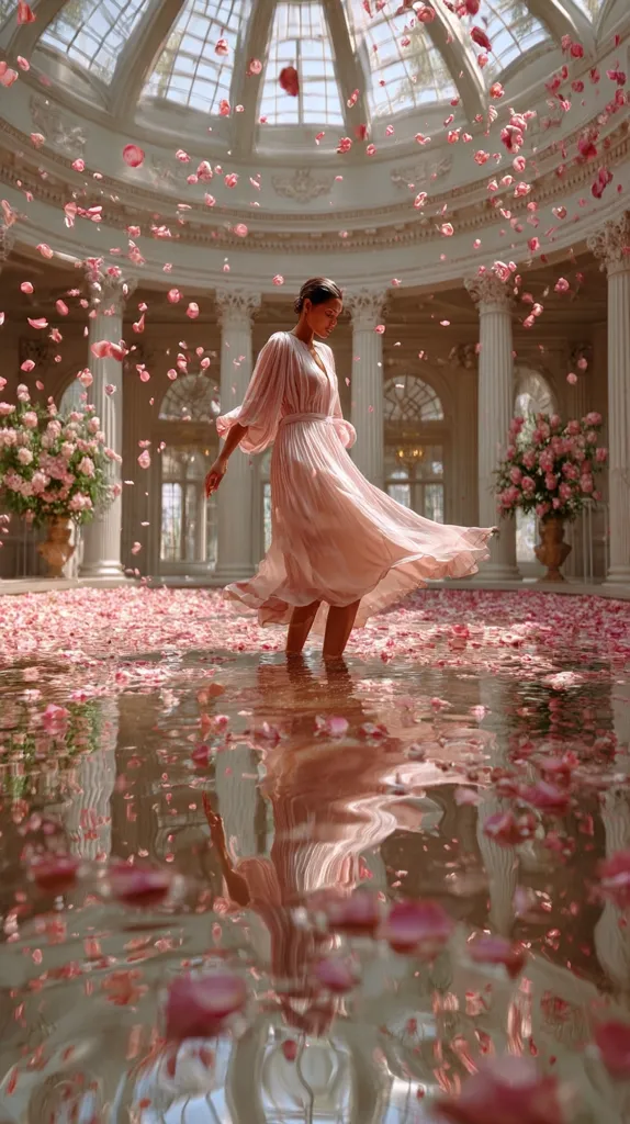 A woman in a flowing pink dress stands in a pool of water covered in pink rose petals.  Rose petals fall from a grand glass dome ceiling above her. The elegant setting is a large, light-filled hall with classical architecture. The scene is serene and dreamlike, evoking a sense of luxury and romance.  Her reflection is visible in the still water, mirroring the beauty of the moment.