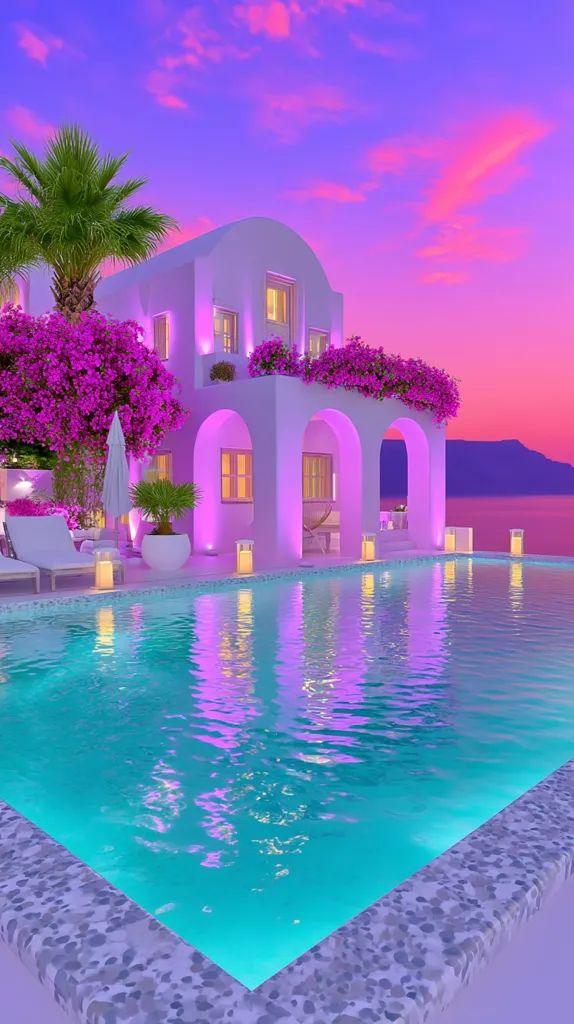 A stunning white villa overlooks a tranquil ocean at sunset.  Vibrant purple bougainvillea and soft lighting illuminate the scene.  A pristine turquoise infinity pool reflects the colorful sky, creating a serene and luxurious atmosphere.  Palm trees and comfortable lounge chairs add to the idyllic setting.  The image evokes a sense of peace and sophisticated relaxation.