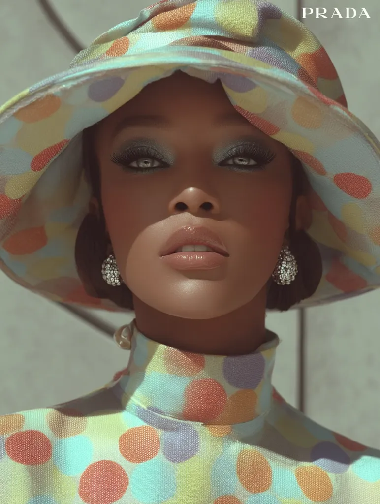 A striking close-up of a model wearing a vibrant Prada ensemble.  She sports a large, multicolored polka-dot hat that matches her high-necked, similarly patterned top.  Her makeup features prominent eyes and a soft, natural lip color.  The overall aesthetic is retro-inspired and chic, showcasing the brand's playful yet sophisticated style.  The sunlit setting enhances the image's warmth and vibrancy.