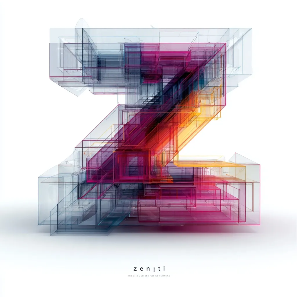 A three-dimensional abstract letter "Z" is formed from translucent, overlapping cubes in shades of pink, orange, and blue. The structure appears complex and interwoven, creating a sense of depth and movement.  The image is minimalist, set against a clean white background, with the word "zenjti" and a small tagline below.  The overall effect is modern and artistic.