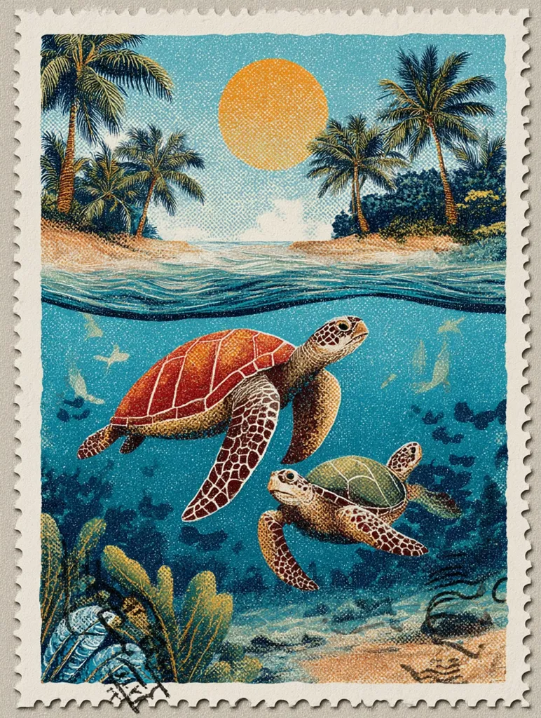 A postage stamp depicts a vibrant tropical scene.  Two sea turtles, a large adult and a smaller juvenile, swim gracefully in clear turquoise water above a colorful coral reef.  Palm trees sway gently on a nearby beach under a large, orange sun. The overall style is reminiscent of vintage travel posters, with a textured, slightly faded appearance.