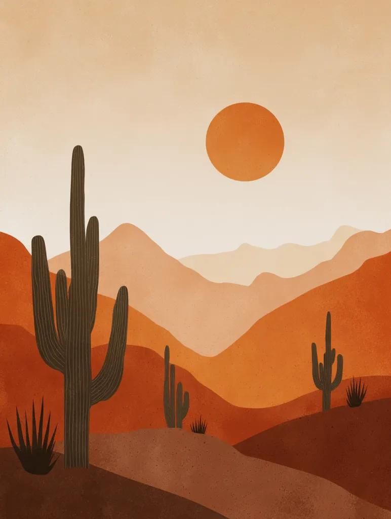 A minimalist desert landscape is depicted in warm, earthy tones.  A large saguaro cactus stands prominently in the foreground, with smaller cacti and desert plants scattered throughout the rolling, orange-hued hills. A large, orange sun dominates the upper portion of the image, creating a serene and peaceful atmosphere. The style is simple and stylized, emphasizing the beauty of the desert's forms and colors.
