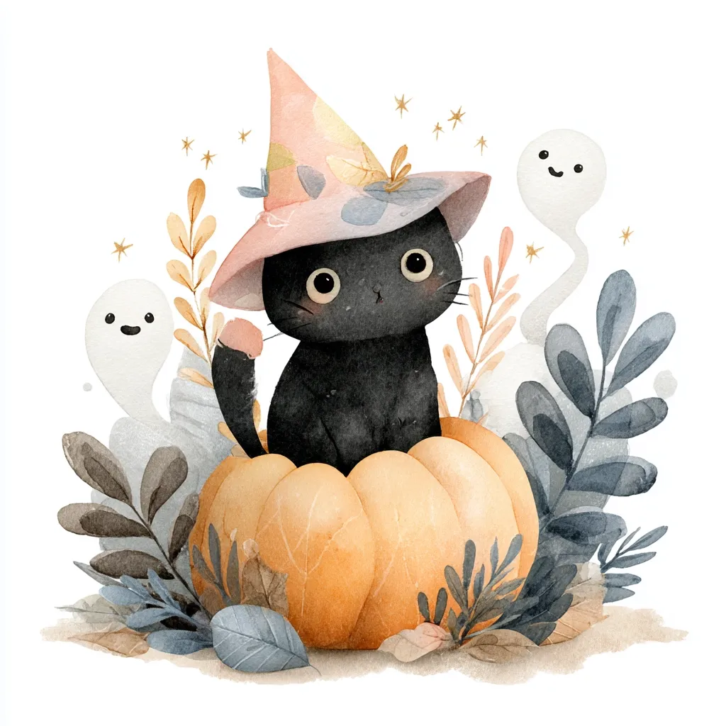A watercolor illustration of an adorable black cat wearing a pink witch hat, nestled inside an orange pumpkin.  Two friendly ghosts float nearby, surrounded by autumnal foliage.  The scene is charming and whimsical, perfect for Halloween decorations or greetings. The overall style is soft and cute, creating a heartwarming autumnal feel.