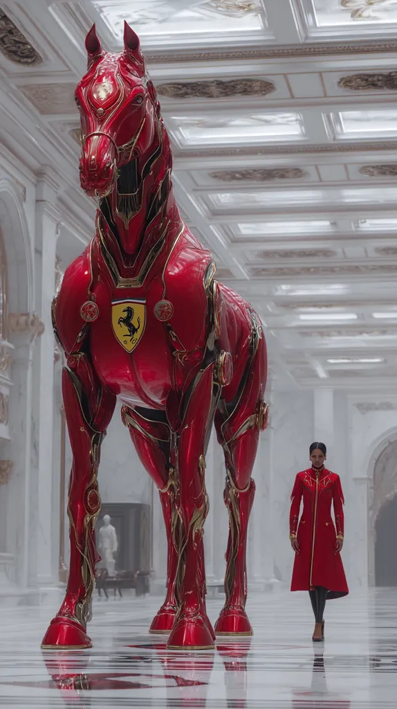 A large, red, mechanical horse stands in a grand, white hall.  Its metallic body gleams, adorned with gold detailing and the Ferrari logo prominently displayed on its chest. A woman in a long, red coat stands before it, the contrast highlighting the scale and futuristic design of the equine automaton. The scene evokes a sense of luxury and technological marvel within a classical setting.