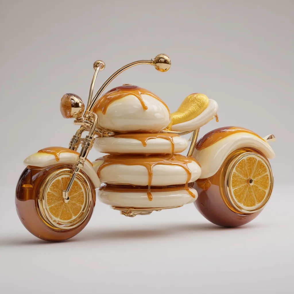 A whimsical 3D rendering depicts a motorcycle crafted from a stack of pancakes drizzled with syrup.  Gold accents adorn the handlebars and frame, while the wheels are uniquely designed with orange slices as centers. The overall aesthetic is surreal and playful, blending food and vehicle elements in a fantastical design.