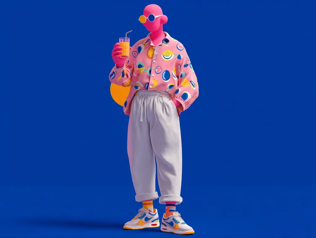 A 3D-rendered figure, pink with a smooth, almost plastic-like texture, stands against a vibrant blue background.  It's dressed in light grey pants, pink fruit-print shirt, and colorful sneakers.  The figure holds a glass of orange juice and sports quirky sunglasses. The overall style is playful and contemporary.